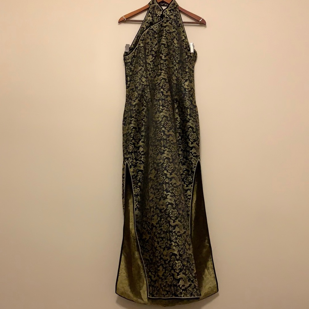 Asian style Black & Gold dragon halter maxi dress